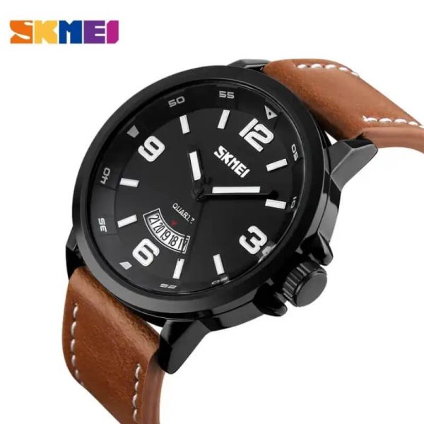 SKMEI 9115 Men's Casual Date Display Leather Strap Luminous Quartz Watch - Brown