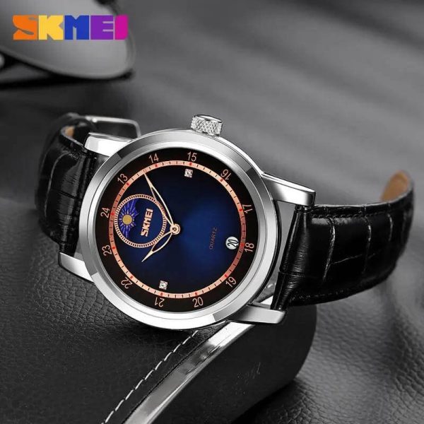 SKMEI 9300 Business Moon Phase Leather Strap Date Display Watch For Men - Blue/Black - Image 3