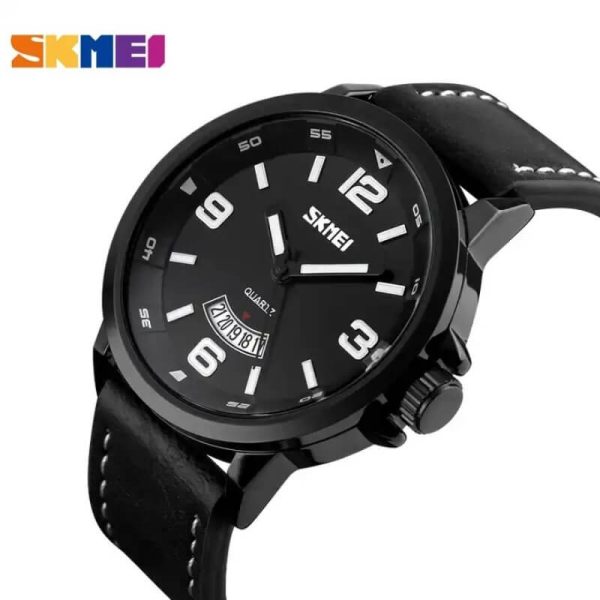 SKMEI 9115 Men's Casual Date Display Leather Strap Luminous Quartz Watch - Black