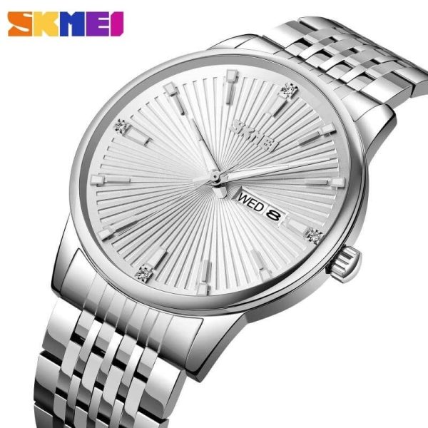 SKMEI 9323 Men's Texture With Fashion Day Date Display Quartz Stainless Steel Watch - Silver