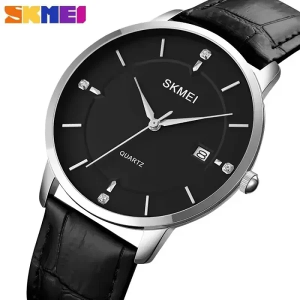 SKMEI 1801 Men's Business Calendar Leather Strap Classic Diamond Quartz Watch - Black/White