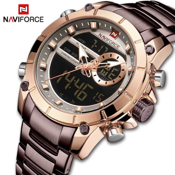 NaviForce NF9163 Double Time Luxury Business Edition Stainless Steel Watch - Coffee