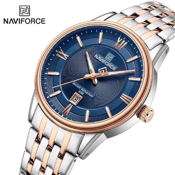 NaviForce NF8040 Classic Luxury Quartz Date Display Stainless Steel Watch For Men - Blue/Rosegold