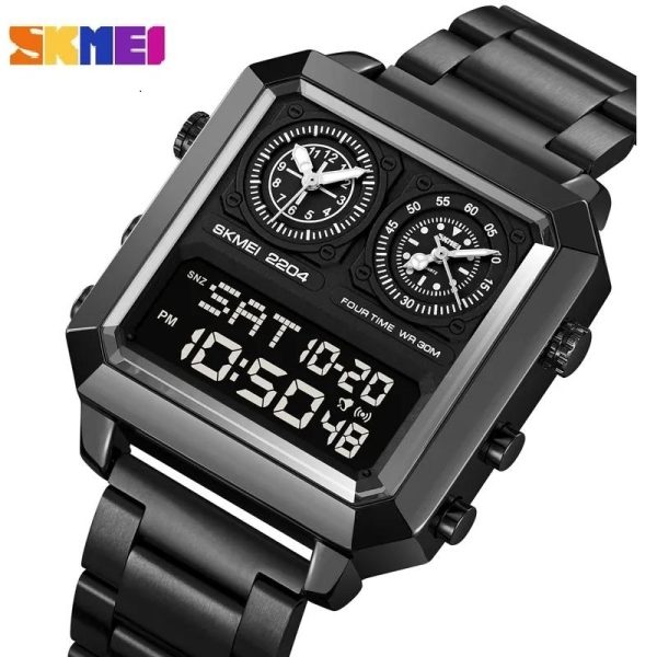 SKMEI 2204 Simple Fashion Square Dial Lumnious Date Day Display Stainless Steel Watch For Men - Black