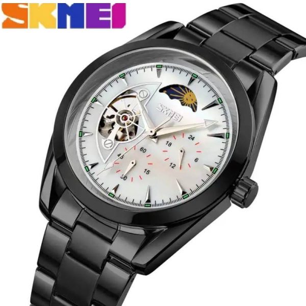 SKMEI 9237 Luxury Automatic Moon Phase Mechanical Stainless Steel Quartz Watch For Men - Black/White