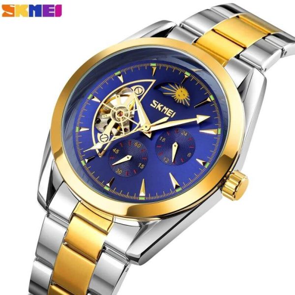 SKMEI 9237 Luxury Automatic Moon Phase Mechanical Stainless Steel Quartz Watch For Men - Golden/Blue