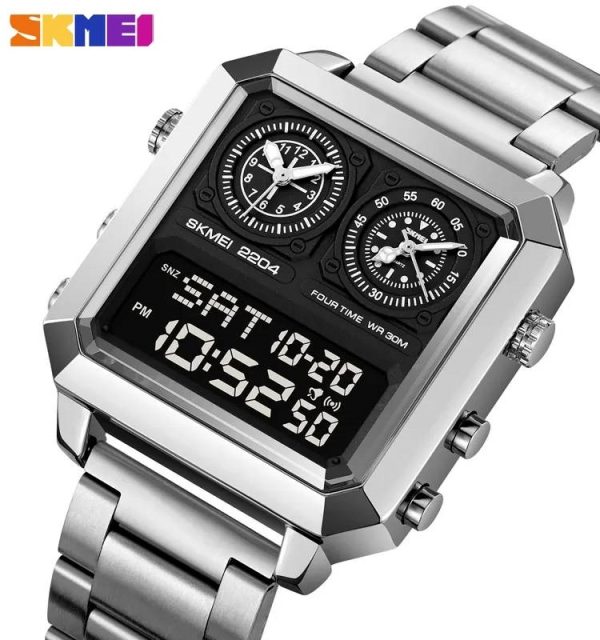 SKMEI 2204 Simple Fashion Square Dial Lumnious Date Day Display Stainless Steel Watch For Men - Black/Silver