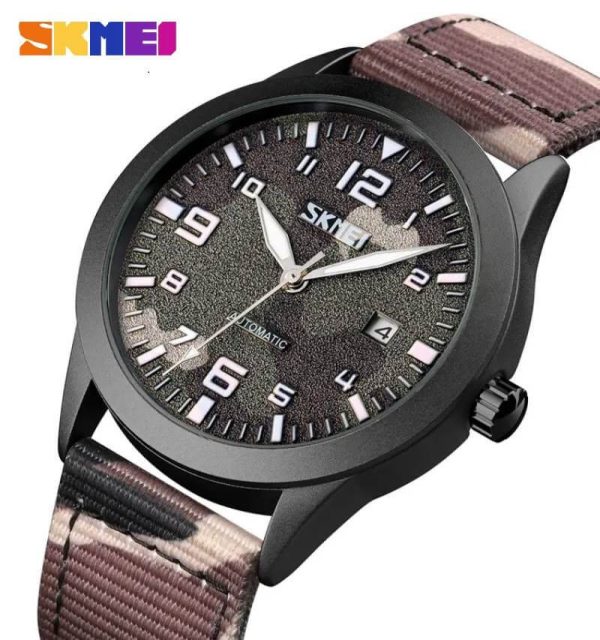 SKMEI 9246 Men's Automatic Mechanical Hollow Dial Luminous Nylon Strap Date Display Watch - Camouflage Brown