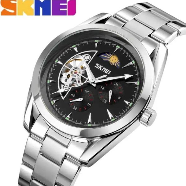 SKMEI 9237 Luxury Automatic Moon Phase Mechanical Stainless Steel Quartz Watch For Men - Silver/Black