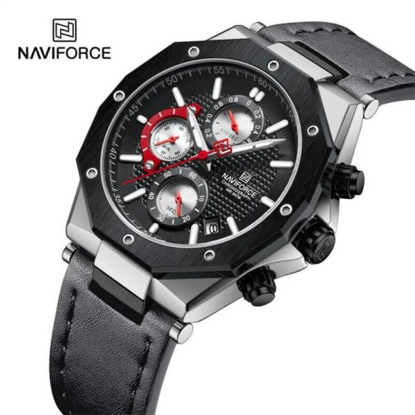 NaviForce NF8028 Men's Hexagon Dial Chronograph Complete Calendar Luminous Leather Strap Watch - Grey