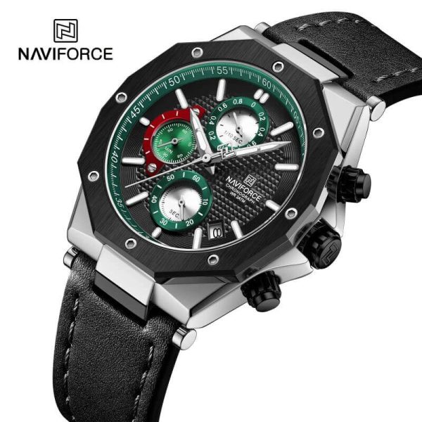 NaviForce NF8028 Men's Hexagon Dial Chronograph Complete Calendar Luminous Leather Strap Watch - Black