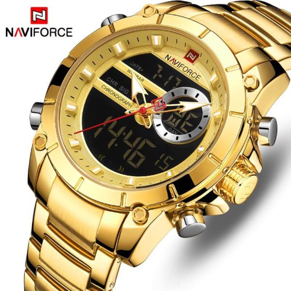 NaviForce NF9163 Double Time Luxury Business Edition Stainless Steel Watch - Golden