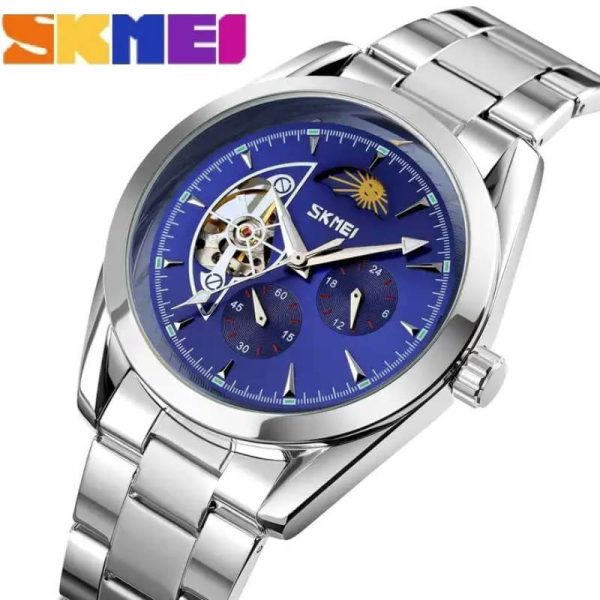 SKMEI 9237 Luxury Automatic Moon Phase Mechanical Stainless Steel Quartz Watch For Men - Silver/Blue