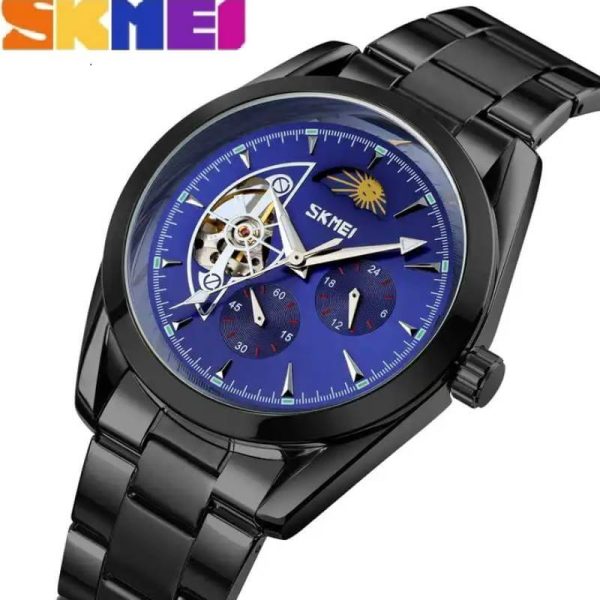 SKMEI 9237 Luxury Automatic Moon Phase Mechanical Stainless Steel Quartz Watch For Men - Black/Blue