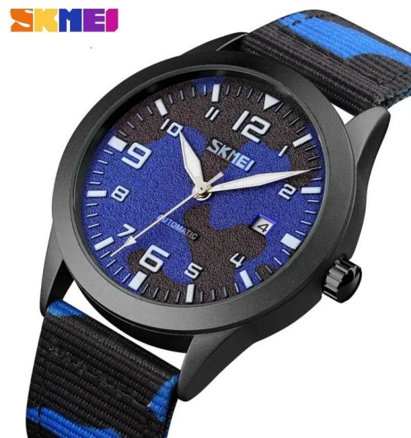 SKMEI 9246 Men's Automatic Mechanical Hollow Dial Luminous Nylon Strap Date Display Watch - Camouflage Blue