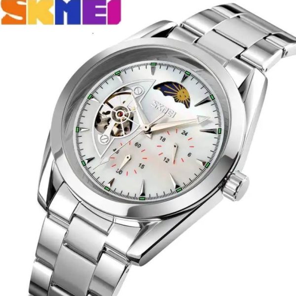 SKMEI 9237 Luxury Automatic Moon Phase Mechanical Stainless Steel Quartz Watch For Men - Silver