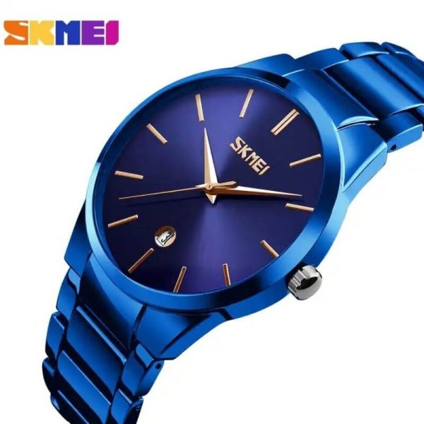 SKMEI 9140 Men's Business Stainless Steel Date Display Ultra Thin Quartz Watch - Blue