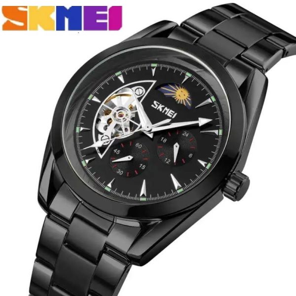 SKMEI 9237 Luxury Automatic Moon Phase Mechanical Stainless Steel Quartz Watch For Men -  Black