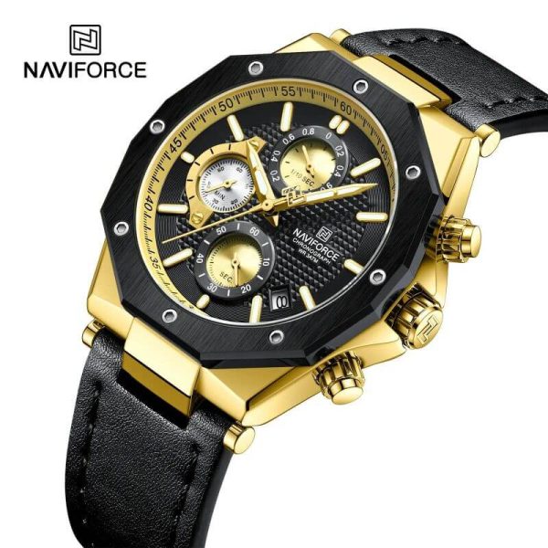 NaviForce NF8028 Men's Hexagon Dial Chronograph Complete Calendar Luminous Leather Strap Watch - Golden/Black