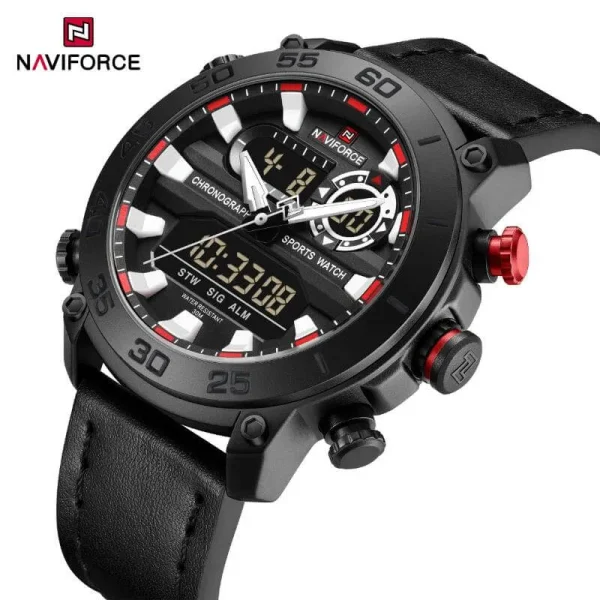 NaviForce NF9235 Men's Multifunction Dual Display Complete Calendar Leather Strap Watch - Black/Red