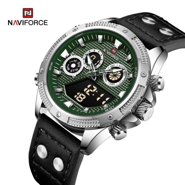 NaviForce NF9224 Fashion Sport Dual Display Multifunction Luminous Leather Strap Watch For Men - Green