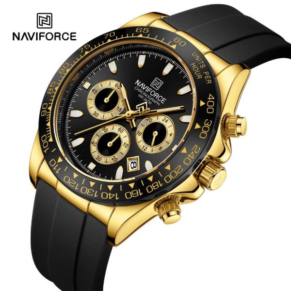 NaviForce NF8054 Luxury Fashion Chronograph Date Display Silicon Strap Watch For Men - Black/Golden