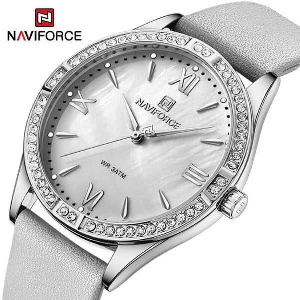 NaviForce NF5028 Women's Fashion Rhinestone Surrounded Roman Numeral Index Leather Quartz Watch - Grey