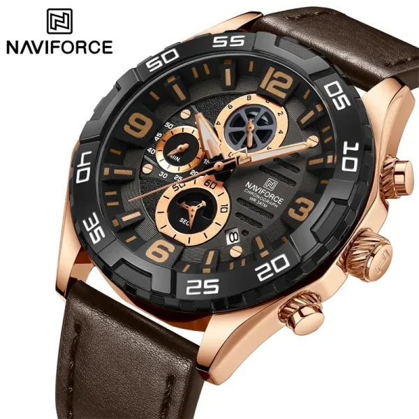 NaviForce NF8043 Fashion Chronograph Multifunction Date Display Leather Strap Watch For Men - Rosegold/Brown