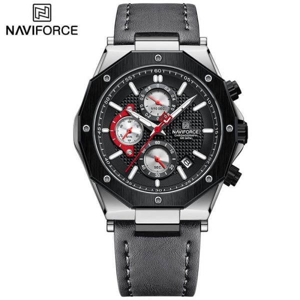 NaviForce NF8028 Men's Hexagon Dial Chronograph Complete Calendar Luminous Leather Strap Watch - Grey - Image 2