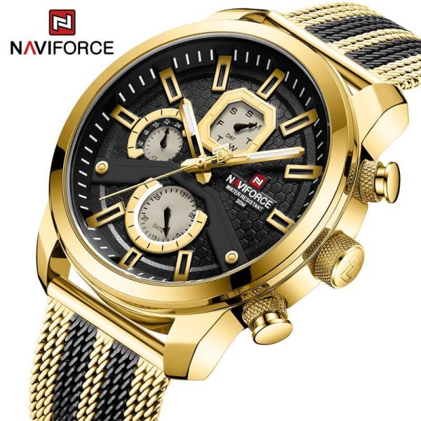 NaviForce NF9211 Men's Fashion Chronograph Day Date Display Stainless Steel Mesh Luminous Watch - Golden/Black