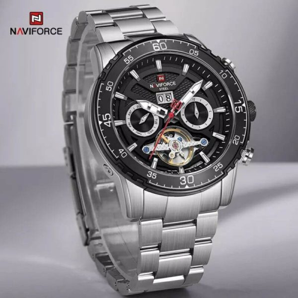 NaviForce NFS1001 Mechanical Luxury Automatic Date Display 10 ATM Waterproof Stainless Steel Wristwatch For Men - Black/Silver - Image 2