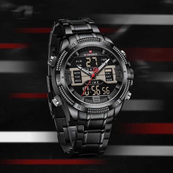 NaviForce NF9201 Men's Digital Analog Stainless Steel Complete Calendar Watch - Black - Image 2