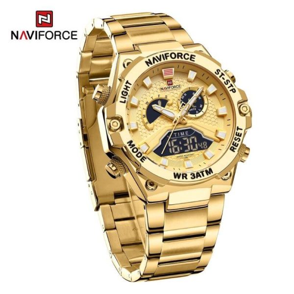 NaviForce NF9207 Fashion Digital Analog Complete Calendar Stainless Steel Watch For Men - Golden