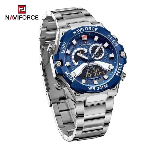 NaviForce NF9207 Fashion Digital Analog Complete Calendar Stainless Steel Watch For Men - Silver/Blue