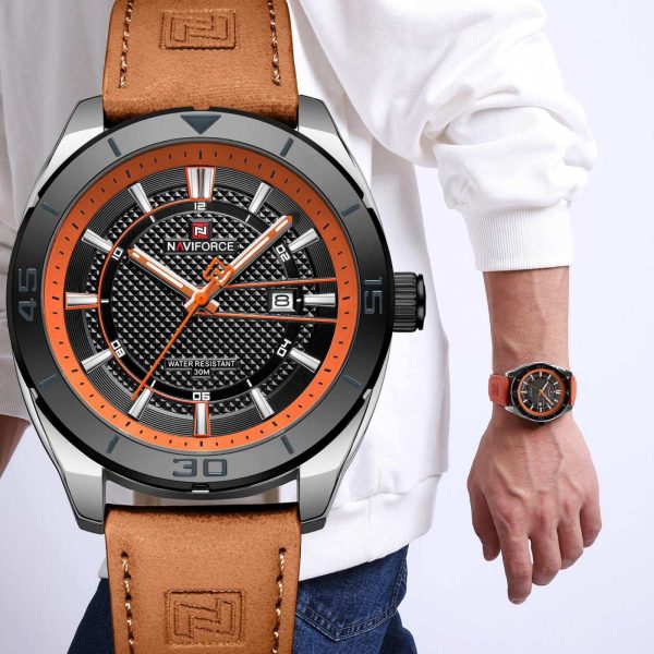 NaviForce NF9209 Fashion Sport Creative Design Date Display Luminous Leather Strap Quartz Watch For Men - Orange - Image 2