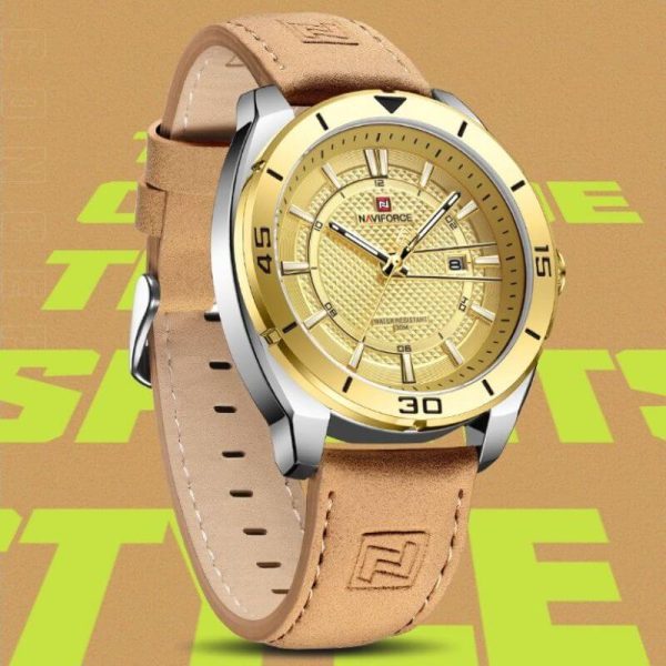 NaviForce NF9209 Fashion Sport Creative Design Date Display Luminous Leather Strap Quartz Watch For Men - Golden - Image 3