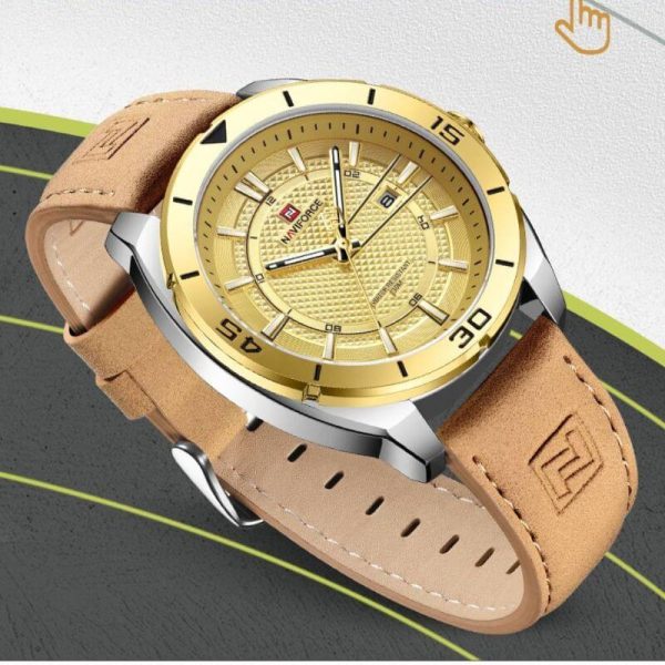 NaviForce NF9209 Fashion Sport Creative Design Date Display Luminous Leather Strap Quartz Watch For Men - Golden - Image 4