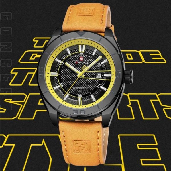 NaviForce NF9209 Fashion Sport Creative Design Date Display Luminous Leather Strap Quartz Watch For Men - Yellow - Image 3