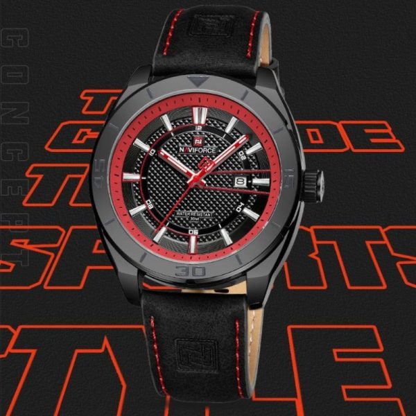 NaviForce NF9209 Fashion Sport Creative Design Date Display Luminous Leather Strap Quartz Watch For Men - Black/Red - Image 3