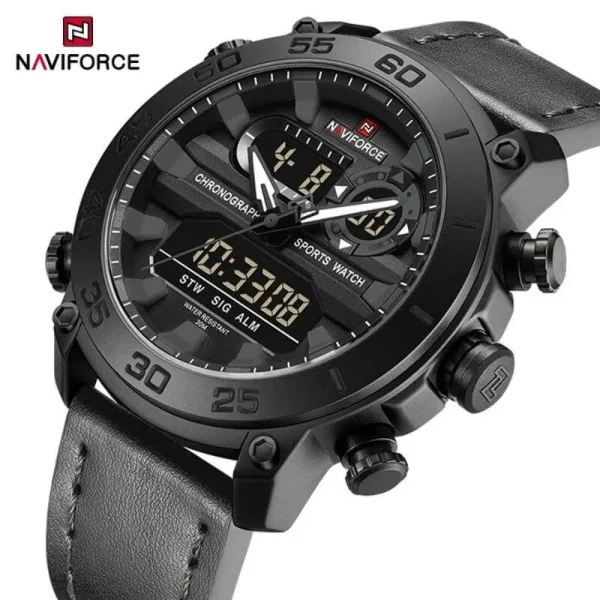 NaviForce NF9235 Men's Multifunction Dual Display Complete Calendar Leather Strap Watch - Black/Grey