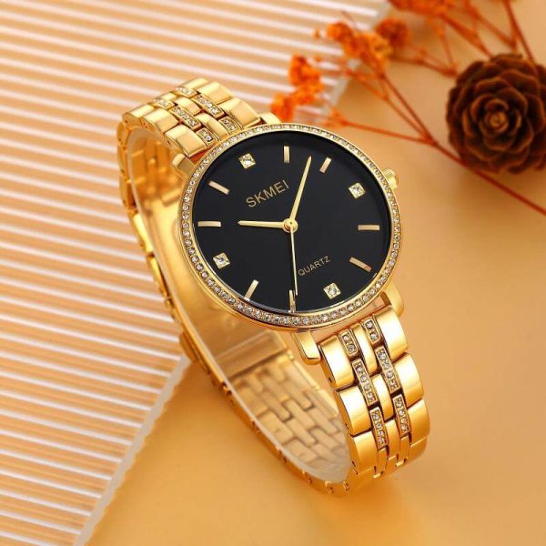 SKMEI 2006 Women's Fashion Rhinestone Surrounded Stainless Steel Watch - Black/Golden - Image 2