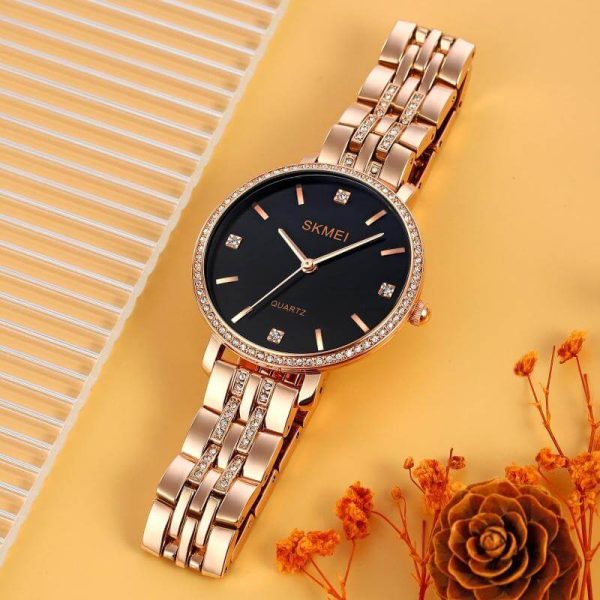 SKMEI 2006 Women's Fashion Rhinestone Surrounded Stainless Steel Watch - Black/RoseGold - Image 2