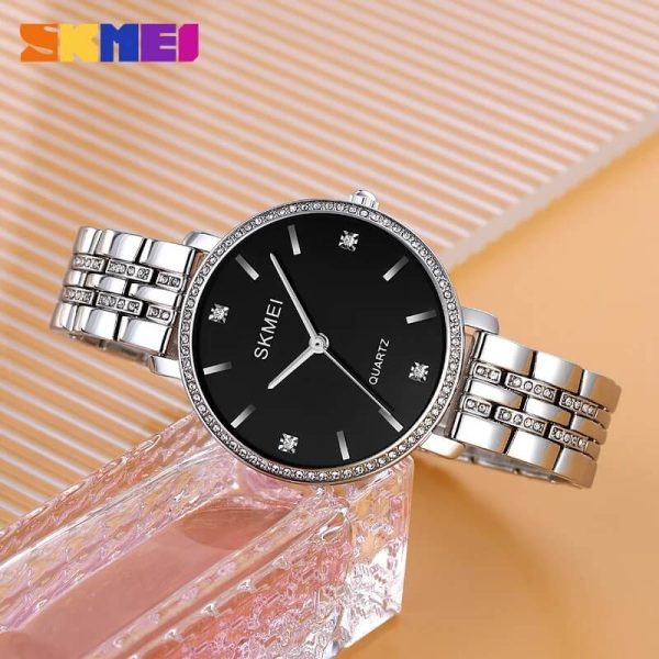 SKMEI 2006 Women's Fashion Rhinestone Surrounded Stainless Steel Watch - Black/Silver - Image 2