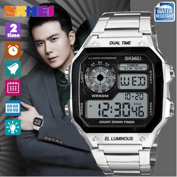 SKMEI  1335 Dual Time Digital Chronograph Watch For Men - Silver - Image 2