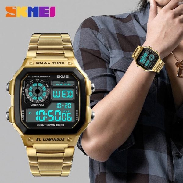 SKMEI  1335 Dual Time Digital Chronograph Watch For Men - Golden - Image 2