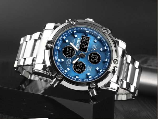 SKMEI 1389 MultiFunctional Business Analog/Digital Large Dial Stainless Steel Watch - Blue/Silver - Image 3