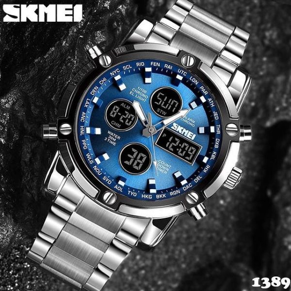 SKMEI 1389 MultiFunctional Business Analog/Digital Large Dial Stainless Steel Watch - Blue/Silver - Image 2