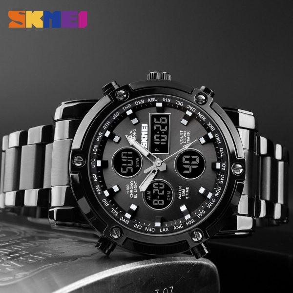 SKMEI 1389 MultiFunctional Business Analog/Digital Large Dial Stainless Steel Watch - Black - Image 3