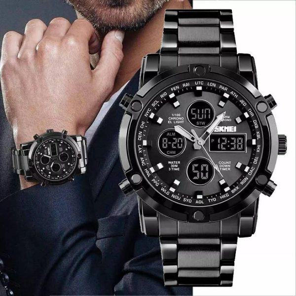 SKMEI 1389 MultiFunctional Business Analog/Digital Large Dial Stainless Steel Watch - Black - Image 2