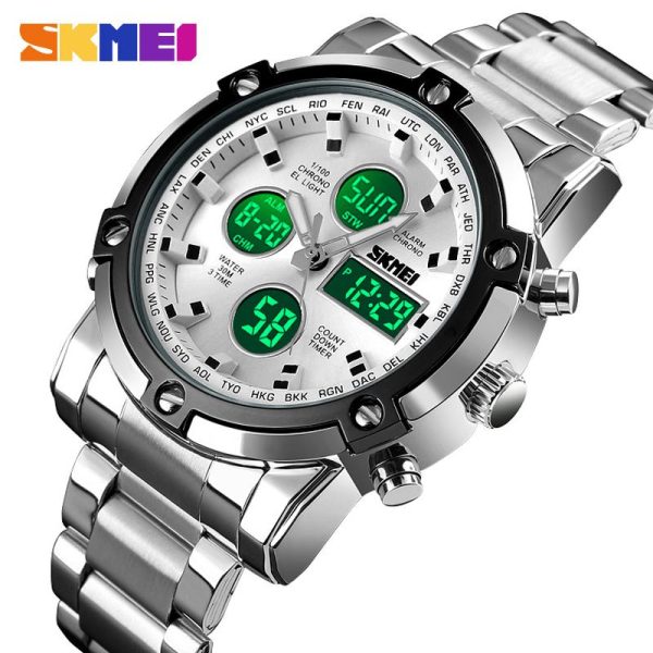 SKMEI 1389 MultiFunctional Business Analog/Digital Large Dial Stainless Steel Watch - Silver